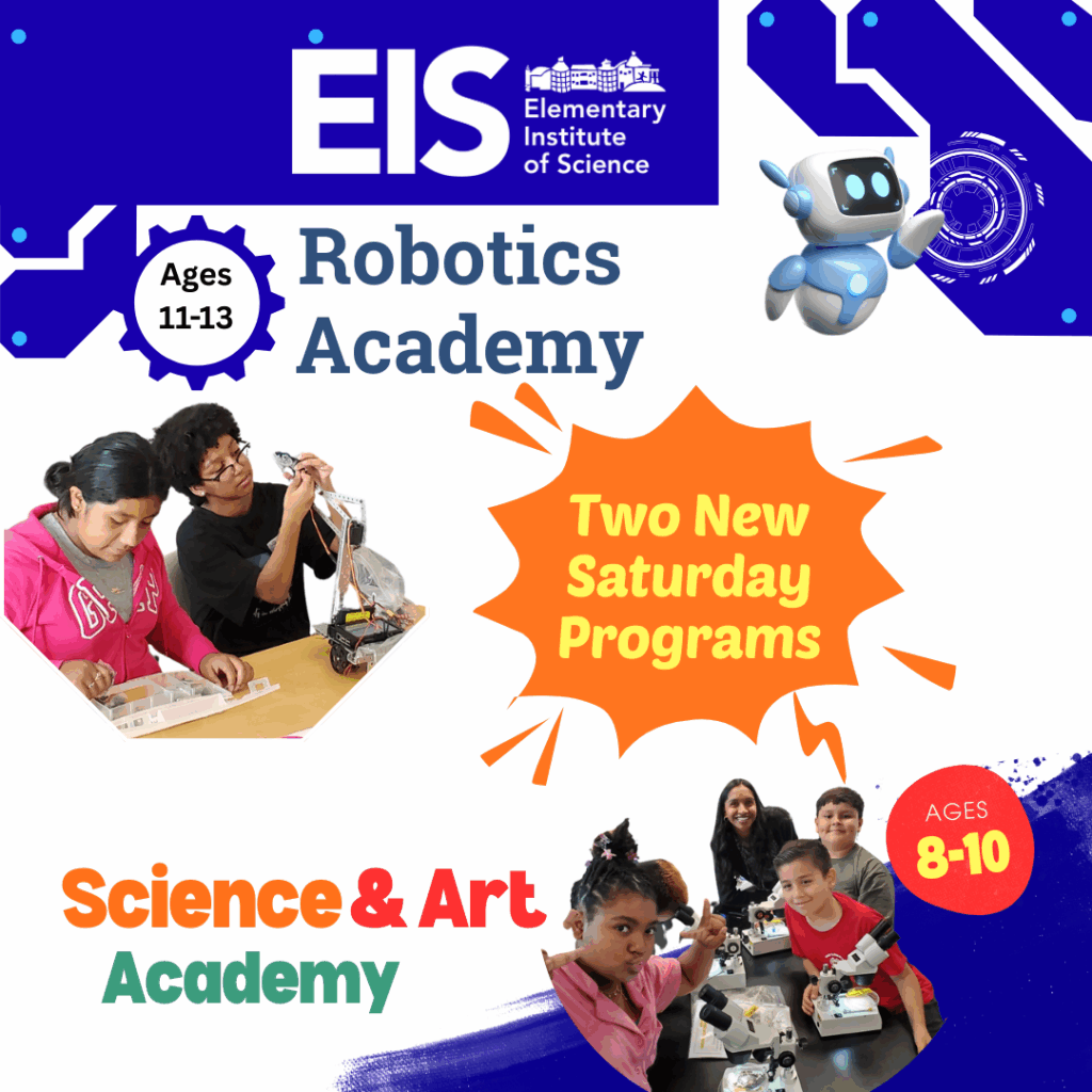 photo of students learning with robotics and microscopes. Two New Saturday Programs, Science & Art Academy and Robotics Club.