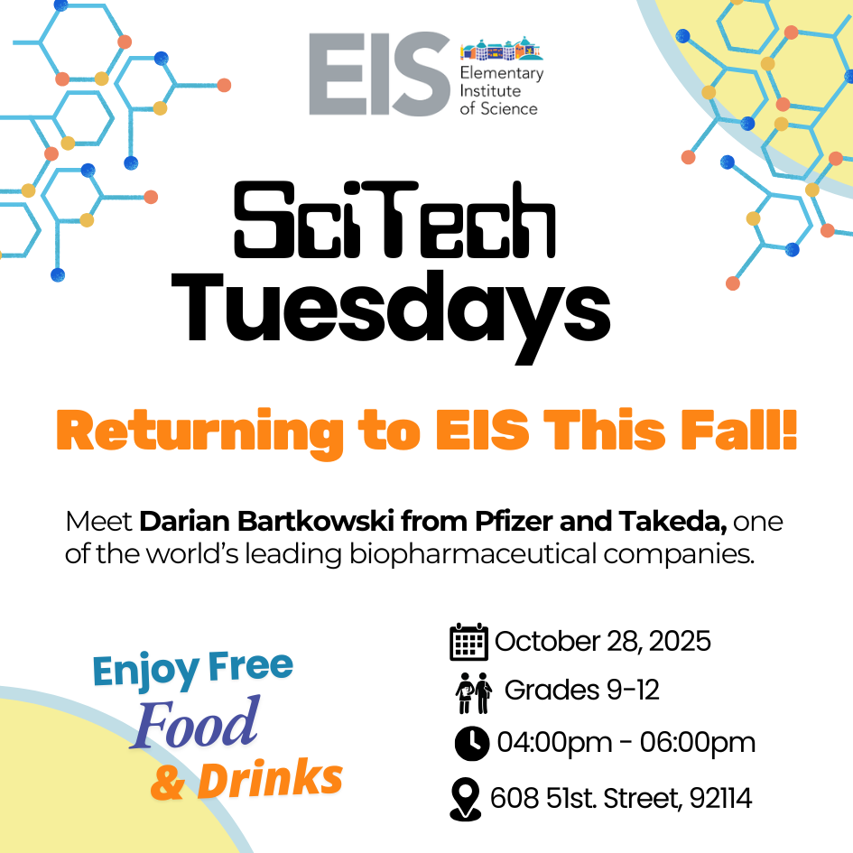 Image with colorful science icons. EIS SciTech Tuesdays Returning to EIS this fall! Grades 9-12